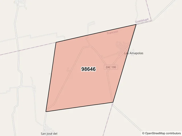 Mapa del código postal 98646, Trancoso, Zacatecas
