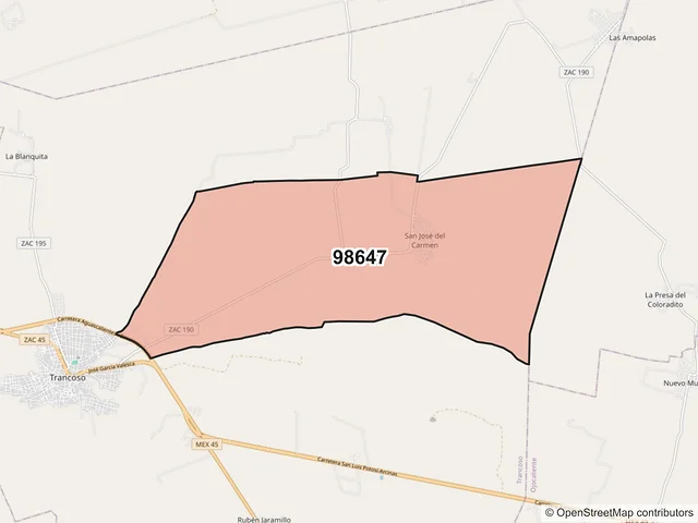 Mapa del código postal 98647, Trancoso, Zacatecas
