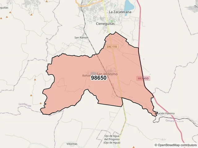 Mapa del código postal 98650, Guadalupe, Zacatecas
