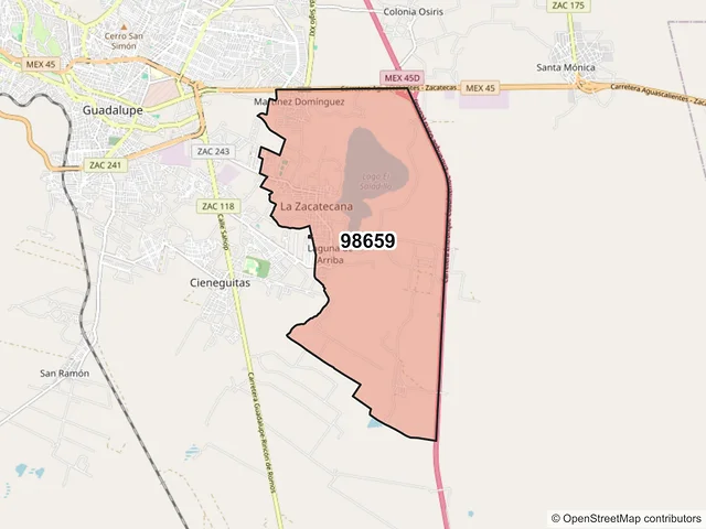Mapa del código postal 98659, Guadalupe, Zacatecas