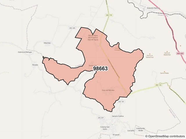 Mapa del código postal 98663, Genaro Codina, Zacatecas