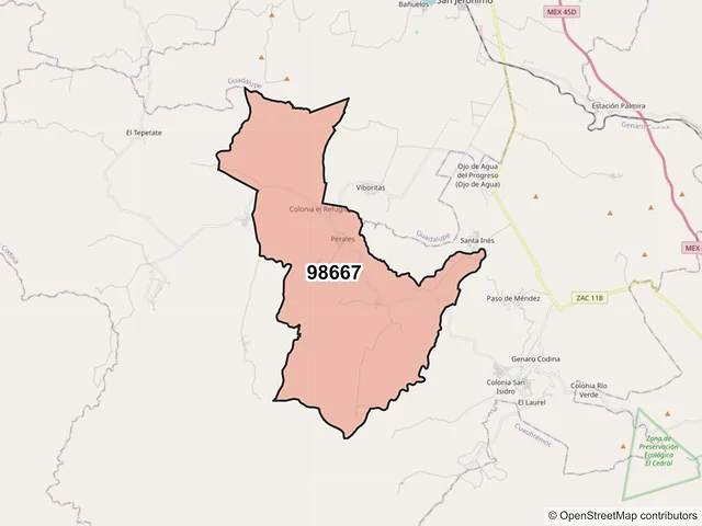 Mapa del código postal 98667, Genaro Codina, Zacatecas