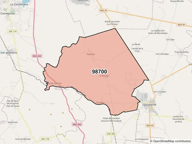 Mapa del código postal 98700, Ojocaliente, Zacatecas