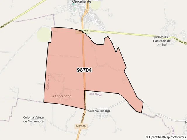 Mapa del código postal 98704, Ojocaliente, Zacatecas