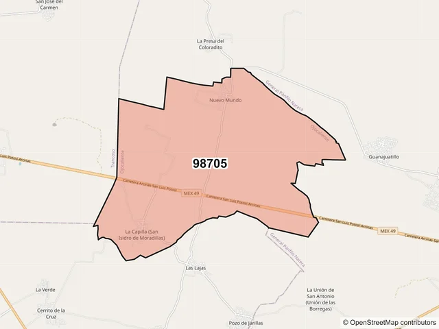 Mapa del código postal 98705, Ojocaliente, Zacatecas