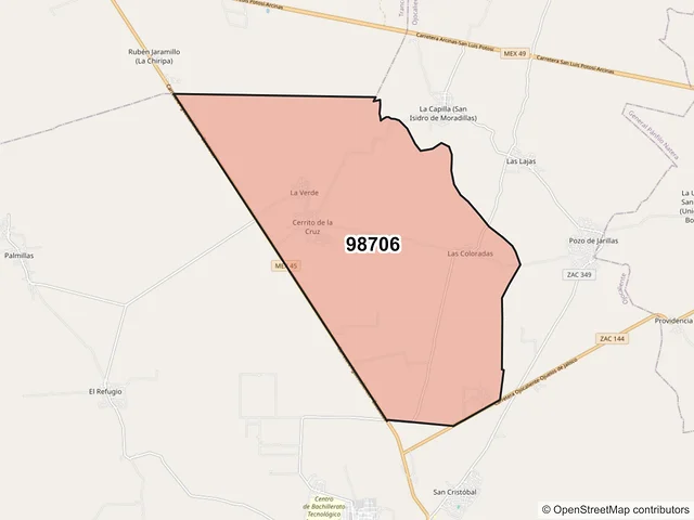 Mapa del código postal 98706, Ojocaliente, Zacatecas