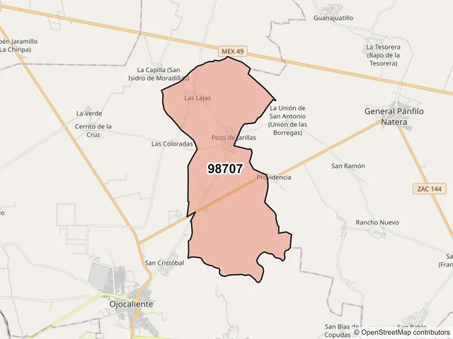 Mapa del código postal 98707, Ojocaliente, Zacatecas