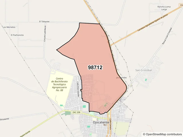 Mapa del código postal 98712, Ojocaliente, Zacatecas