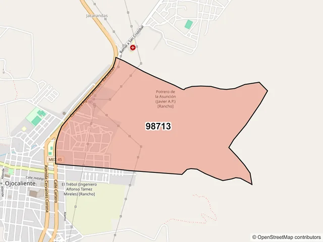 Mapa del código postal 98713, Ojocaliente, Zacatecas