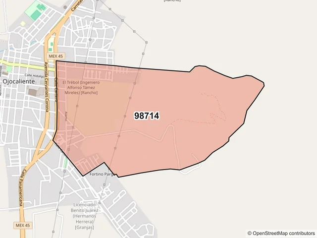 Mapa del código postal 98714, Ojocaliente, Zacatecas