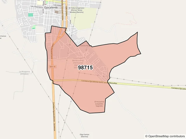 Mapa del código postal 98715, Ojocaliente, Zacatecas
