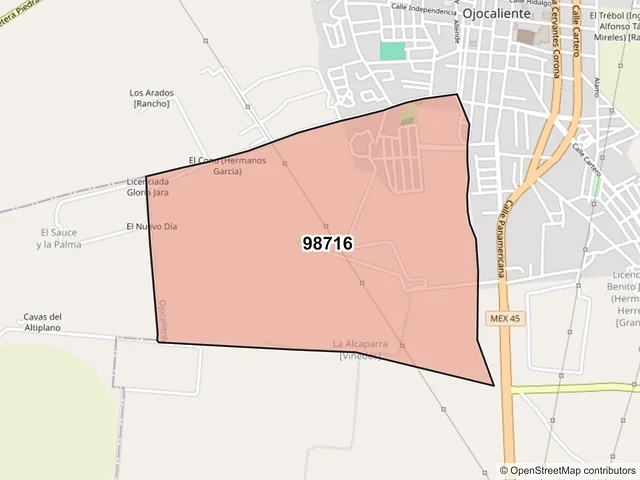 Mapa del código postal 98716, Ojocaliente, Zacatecas