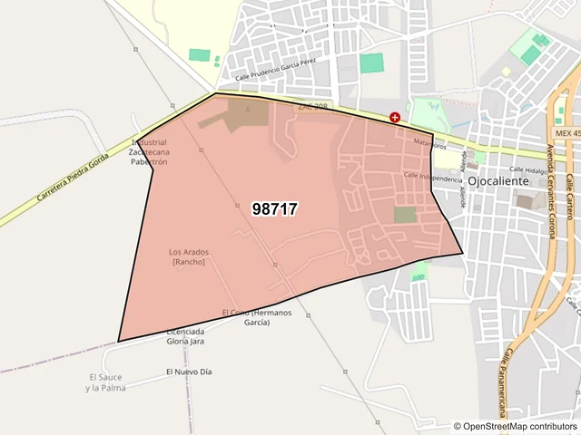 Mapa del código postal 98717, Ojocaliente, Zacatecas