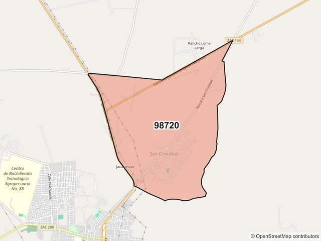 Mapa del código postal 98720, Ojocaliente, Zacatecas