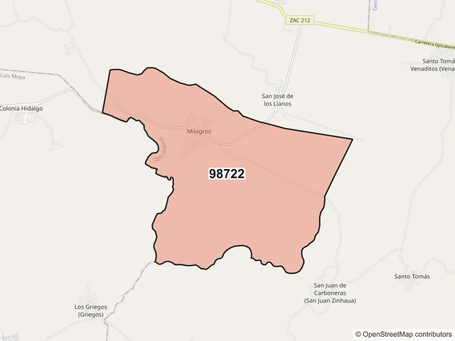 Mapa del código postal 98722, Ojocaliente, Zacatecas