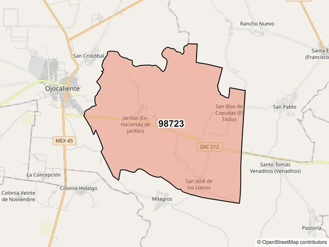 Mapa del código postal 98723, Ojocaliente, Zacatecas