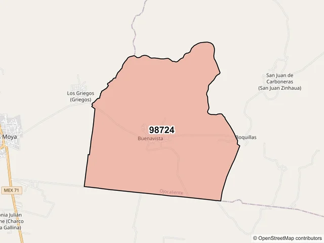 Mapa del código postal 98724, Ojocaliente, Zacatecas