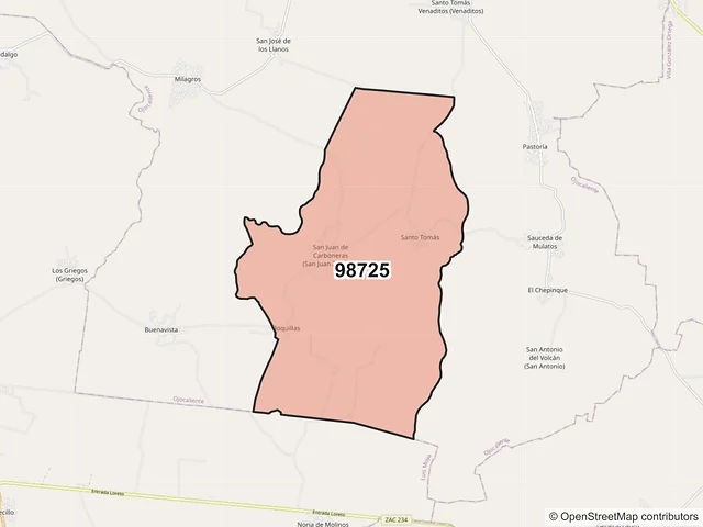Mapa del código postal 98725, Ojocaliente, Zacatecas