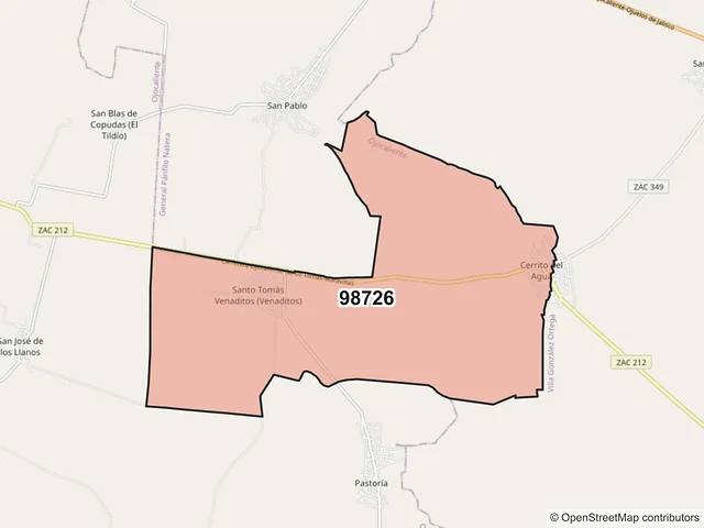 Mapa del código postal 98726, Ojocaliente, Zacatecas