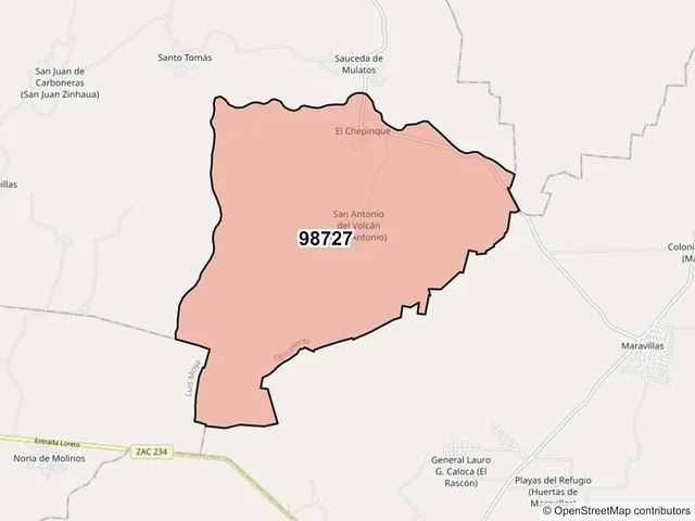Mapa del código postal 98727, Ojocaliente, Zacatecas