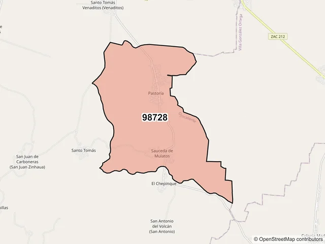 Mapa del código postal 98728, Ojocaliente, Zacatecas