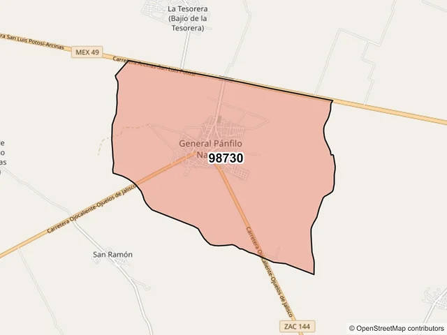 Mapa del código postal 98730, General Pánfilo Natera, Zacatecas