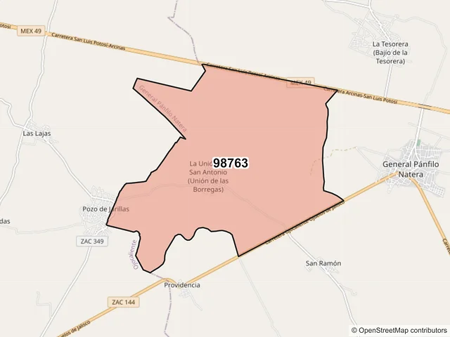 Mapa del código postal 98763, General Pánfilo Natera, Zacatecas