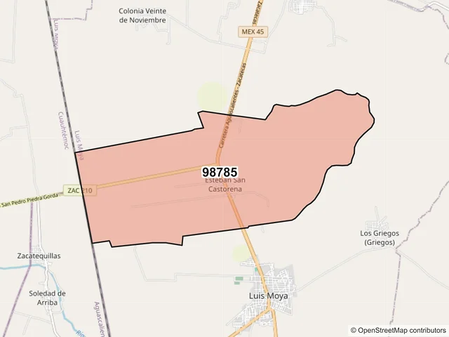 Mapa del código postal 98785, Luis Moya, Zacatecas