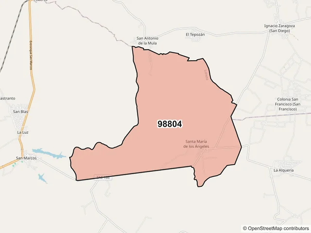 Mapa del código postal 98804, Loreto, Zacatecas