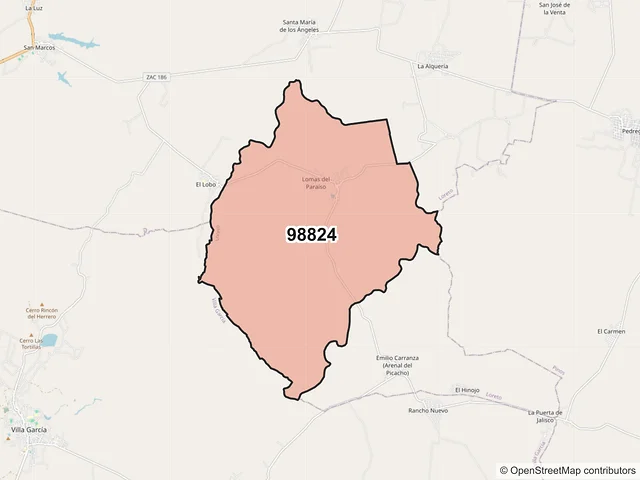 Mapa del código postal 98824, Loreto, Zacatecas