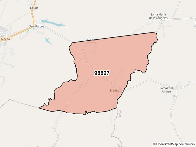 Mapa del código postal 98827, Loreto, Zacatecas