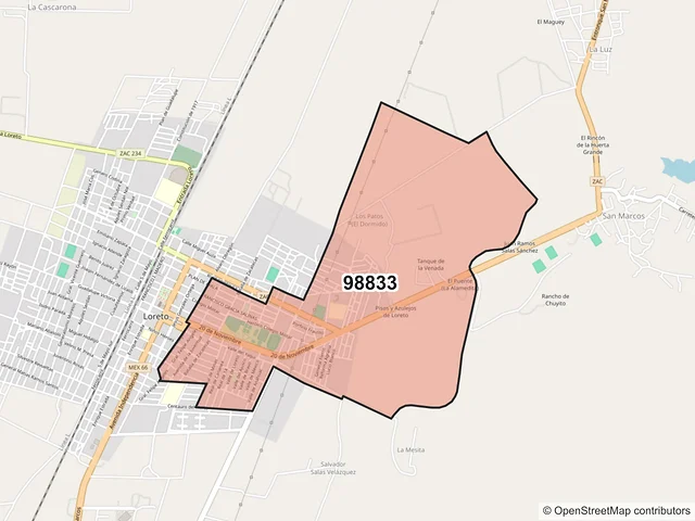 Mapa del código postal 98833, Loreto, Zacatecas