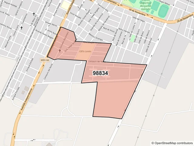 Mapa del código postal 98834, Loreto, Zacatecas