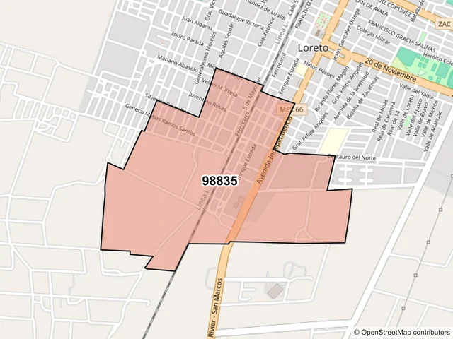 Mapa del código postal 98835, Loreto, Zacatecas