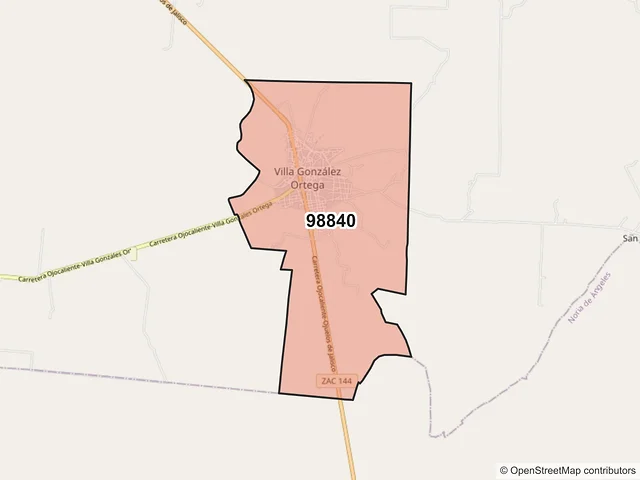 Mapa del código postal 98840, Villa González Ortega, Zacatecas