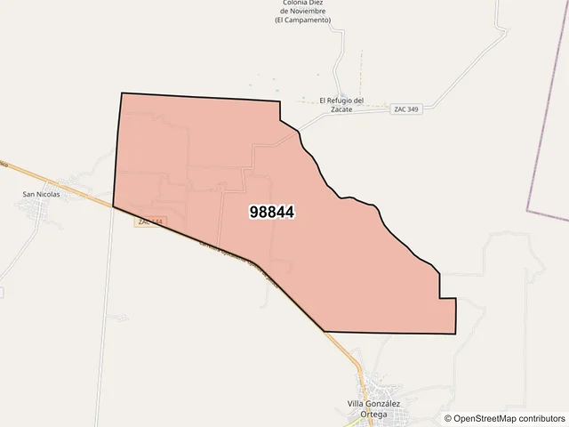 Mapa del código postal 98844, Villa González Ortega, Zacatecas