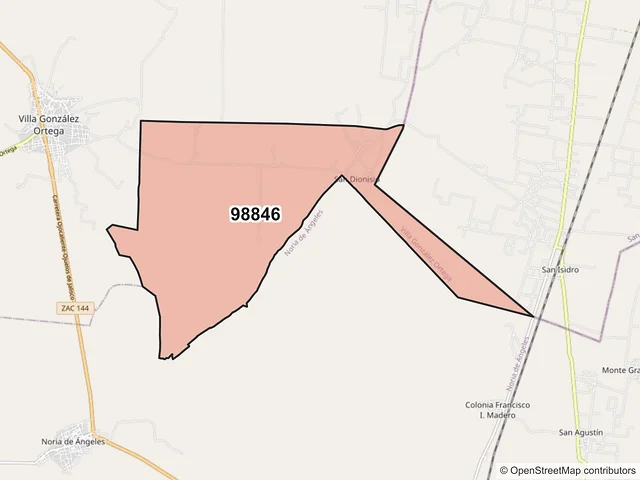 Mapa del código postal 98846, Villa González Ortega, Zacatecas
