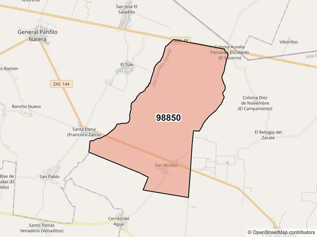 Mapa del código postal 98850, Villa González Ortega, Zacatecas