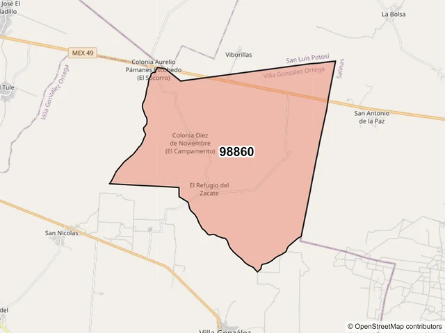 Mapa del código postal 98860, Villa González Ortega, Zacatecas