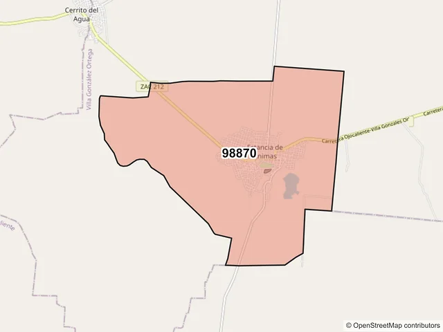Mapa del código postal 98870, Villa González Ortega, Zacatecas