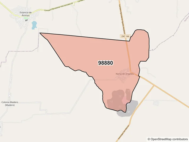 Mapa del código postal 98880, Noria de Ángeles, Zacatecas