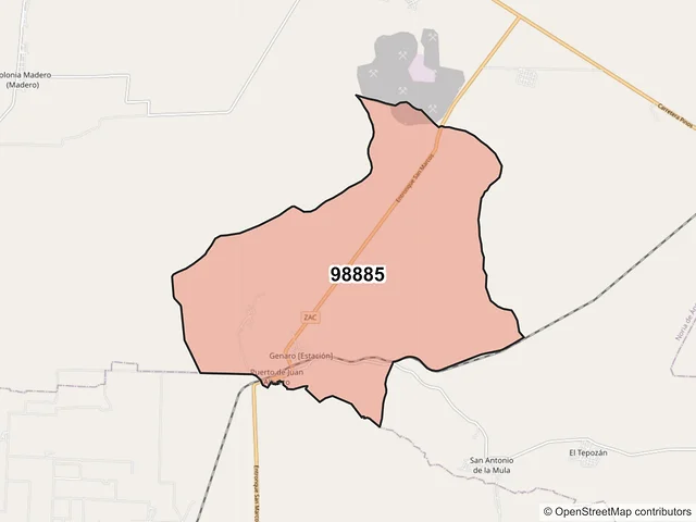Mapa del código postal 98885, Noria de Ángeles, Zacatecas