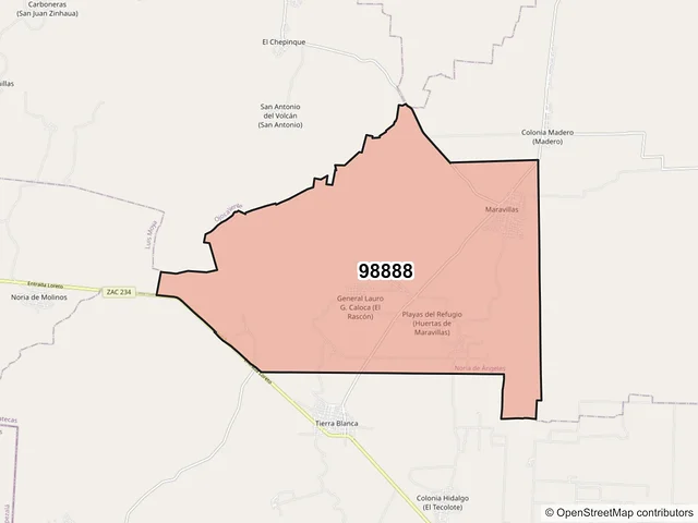 Mapa del código postal 98888, Noria de Ángeles, Zacatecas