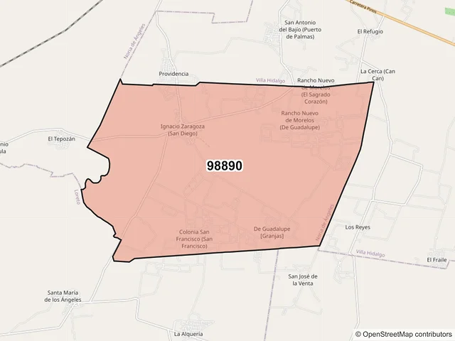 Mapa del código postal 98890, Noria de Ángeles, Zacatecas