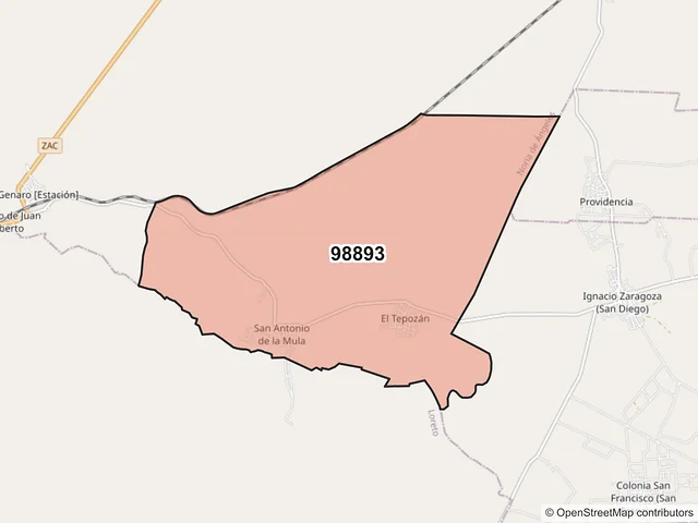Mapa del código postal 98893, Noria de Ángeles, Zacatecas