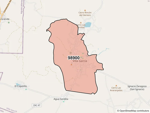 Mapa del código postal 98900, Villa García, Zacatecas