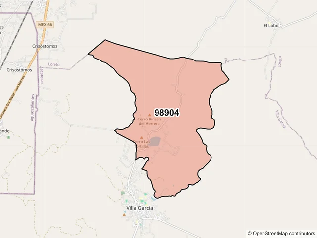 Mapa del código postal 98904, Villa García, Zacatecas
