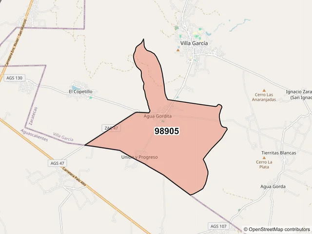 Mapa del código postal 98905, Villa García, Zacatecas