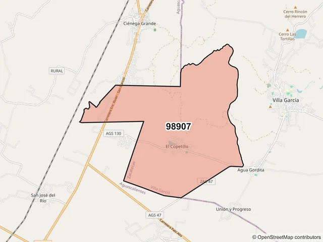 Mapa del código postal 98907, Villa García, Zacatecas