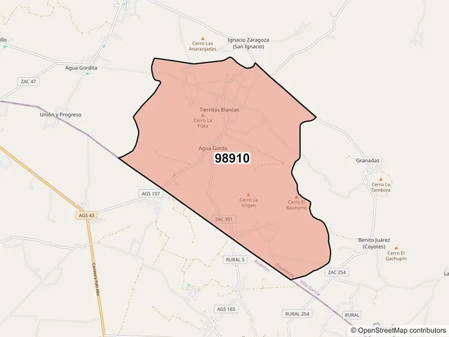 Mapa del código postal 98910, Villa García, Zacatecas
